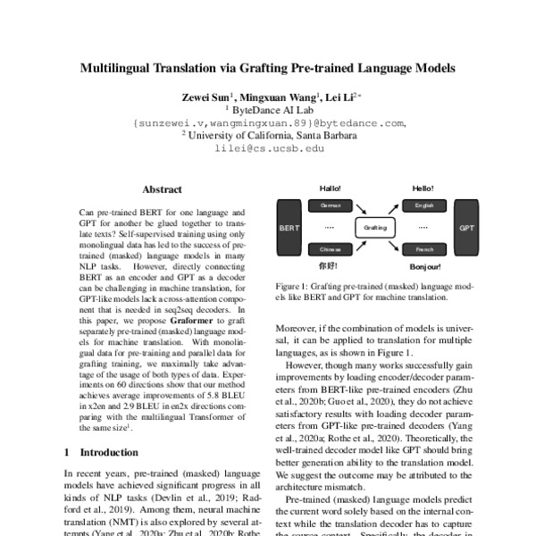 Multilingual Translation via Grafting Pre-trained Language Models - ACL ...