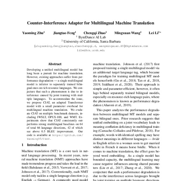 Counter-Interference Adapter for Multilingual Machine Translation - ACL ...