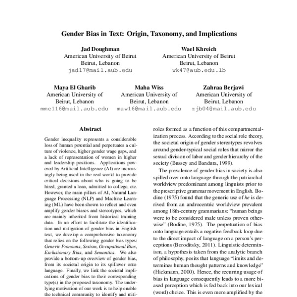 Gender Bias In Text: Origin, Taxonomy, And Implications - ACL Anthology