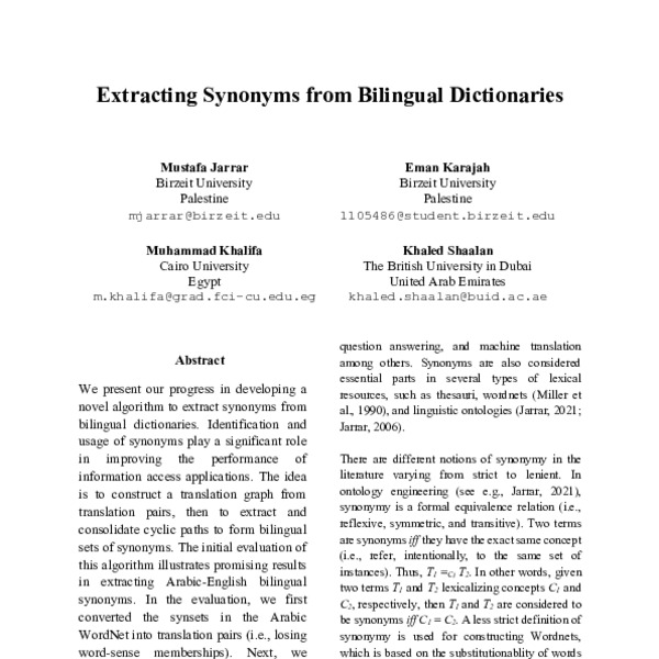 Extracting Synonyms from Bilingual Dictionaries ACL Anthology