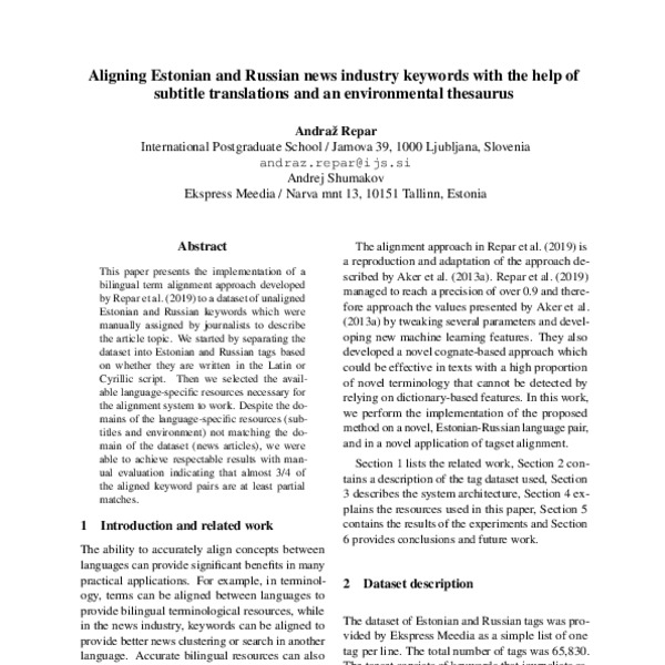 Aligning Estonian and Russian news industry keywords with the help of