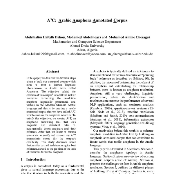 A3C: Arabic Anaphora Annotated Corpus - ACL Anthology