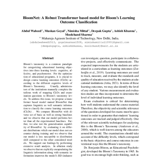 BloomNet: A Robust Transformer based model for Bloom’s Learning Outcome ...