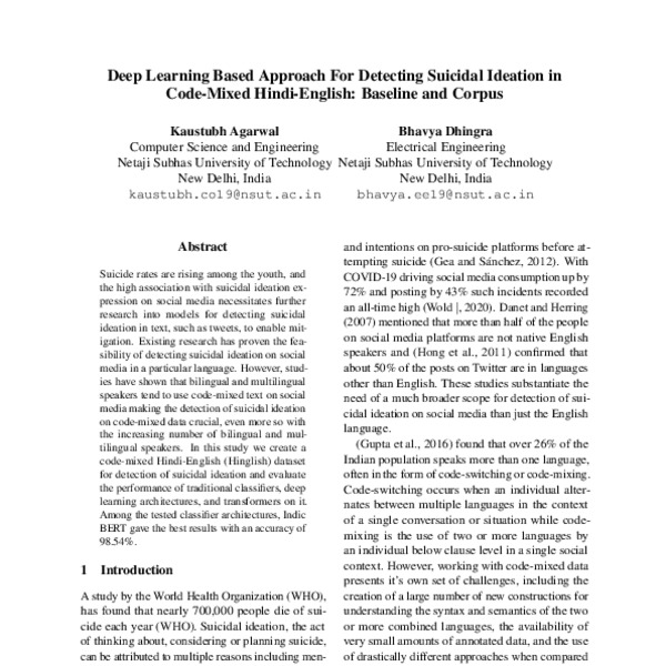 Deep Learning Based Approach For Detecting Suicidal Ideation in Hindi ...
