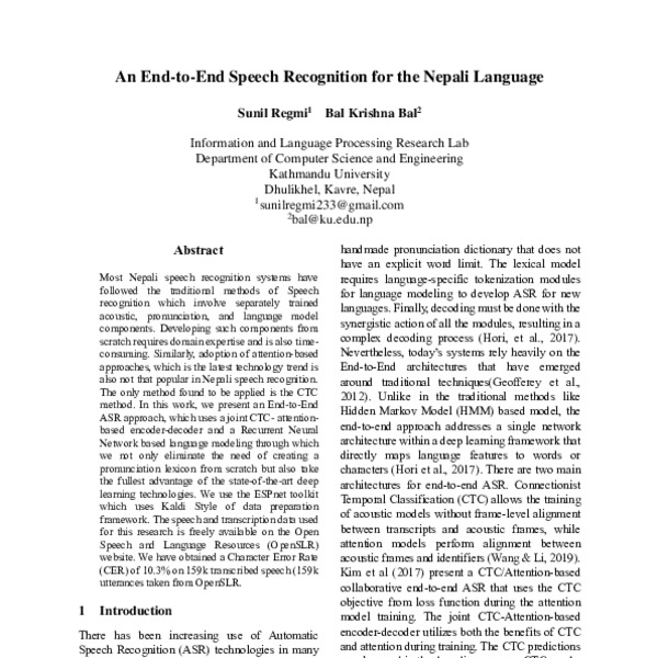 An end to end speech recognition for the nepali language acl anthology