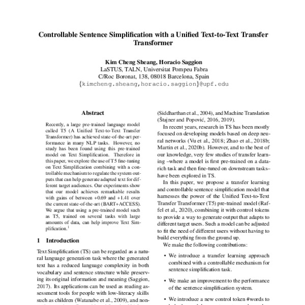 Controllable Sentence Simplification With A Unified Text To Text Transfer Transformer Acl 9922