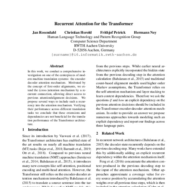 Recurrent Attention for the Transformer - ACL Anthology