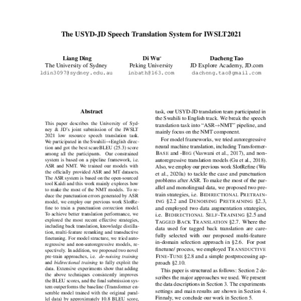 The USYD-JD Speech Translation System for IWSLT2021 - ACL Anthology
