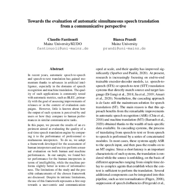 Towards the evaluation of automatic simultaneous speech translation ...