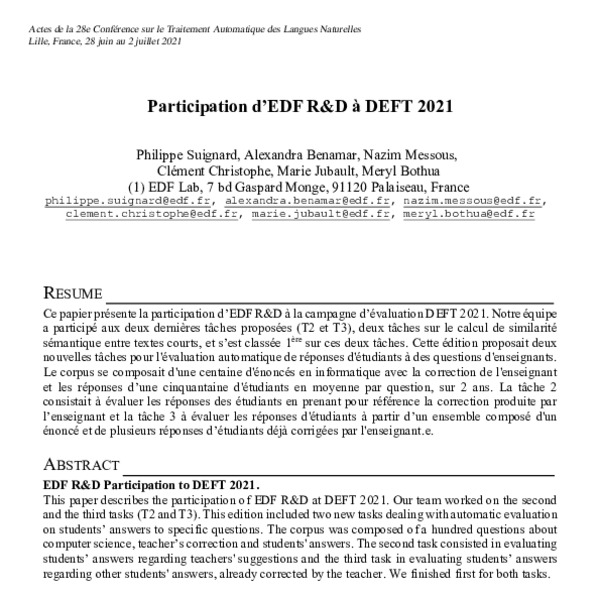 Participation d’EDF R&D à DEFT 2021 (EDF R&D Participation to DEFT 2021 ...