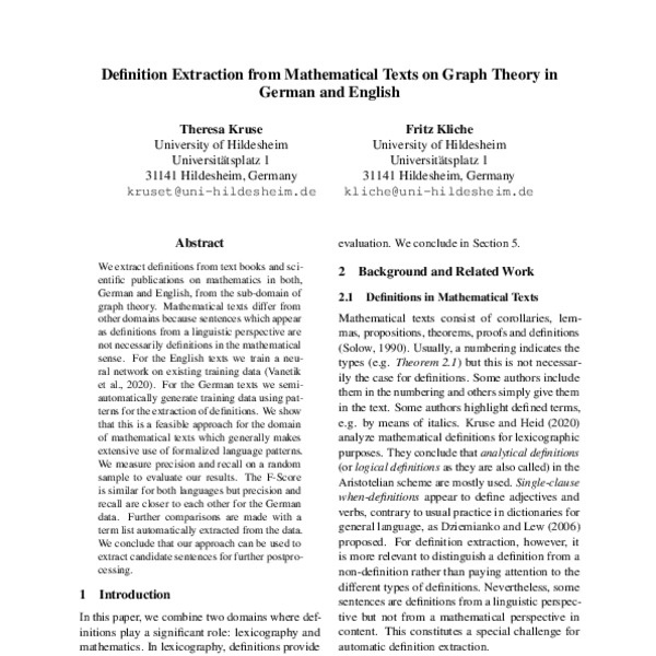 Definition Extraction from Mathematical Texts on Graph Theory in German ...