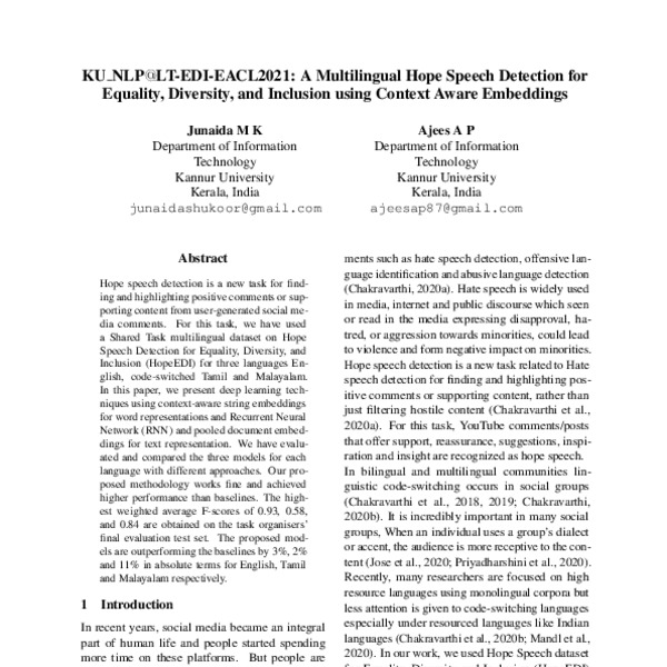 KU_NLP@LT-EDI-EACL2021: A Multilingual Hope Speech Detection for ...