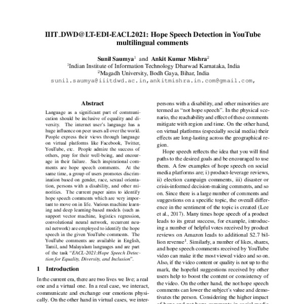 IIIT_DWD@LT-EDI-EACL2021: Hope Speech Detection in YouTube multilingual ...