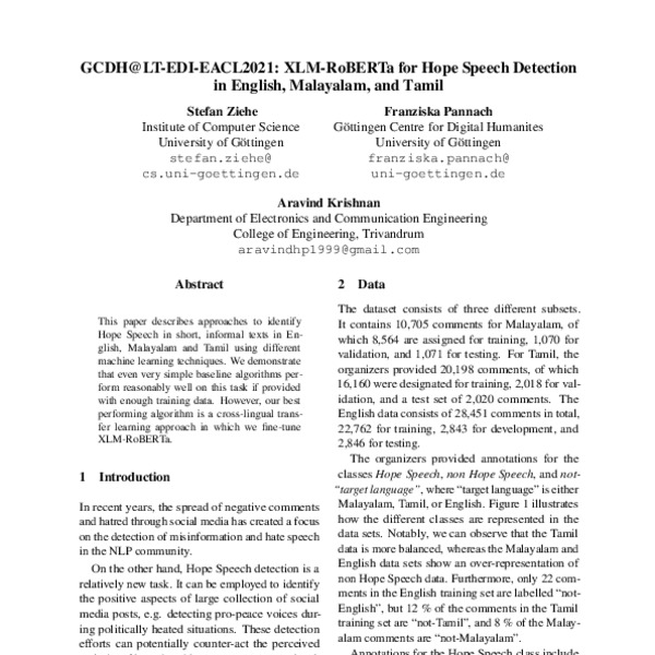 GCDH@LT-EDI-EACL2021: XLM-RoBERTa for Hope Speech Detection in English ...