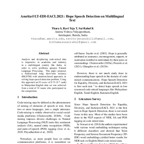 Amrita@LT-EDI-EACL2021: Hope Speech Detection on Multilingual Text ...