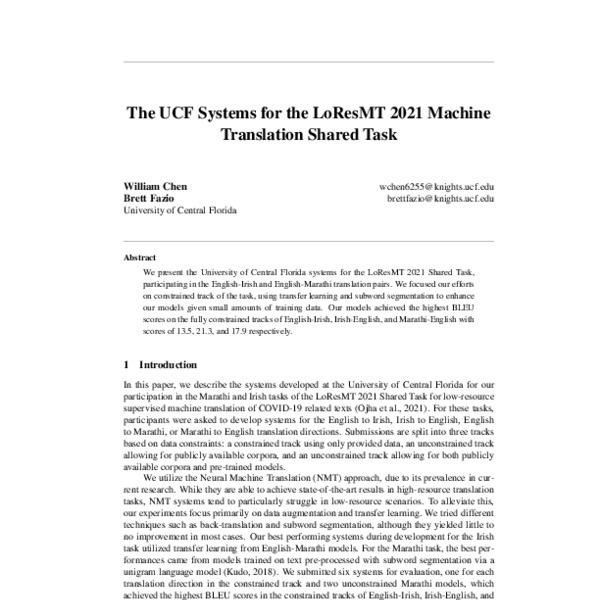 The UCF Systems for the LoResMT 2021 Machine Translation Shared Task ...