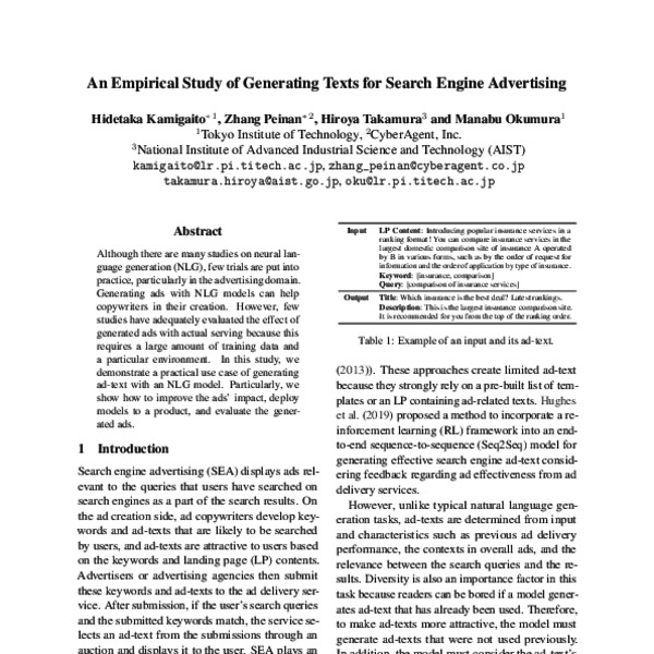 An Empirical Study of Generating Texts for Search Engine Advertising