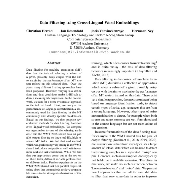 Data Filtering using Cross-Lingual Word Embeddings - ACL Anthology