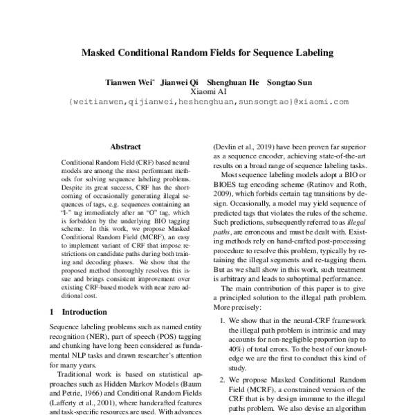 Masked Conditional Random Fields for Sequence Labeling ACL Anthology