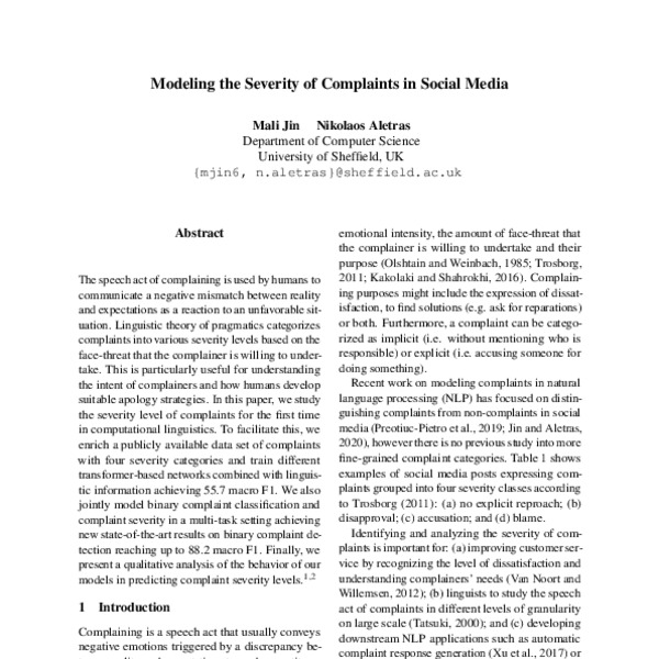 Modeling the Severity of Complaints in Social Media - ACL Anthology