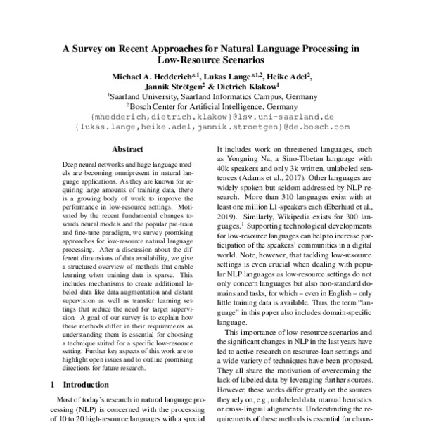 A Survey on Recent Approaches for Natural Language Processing in Low ...