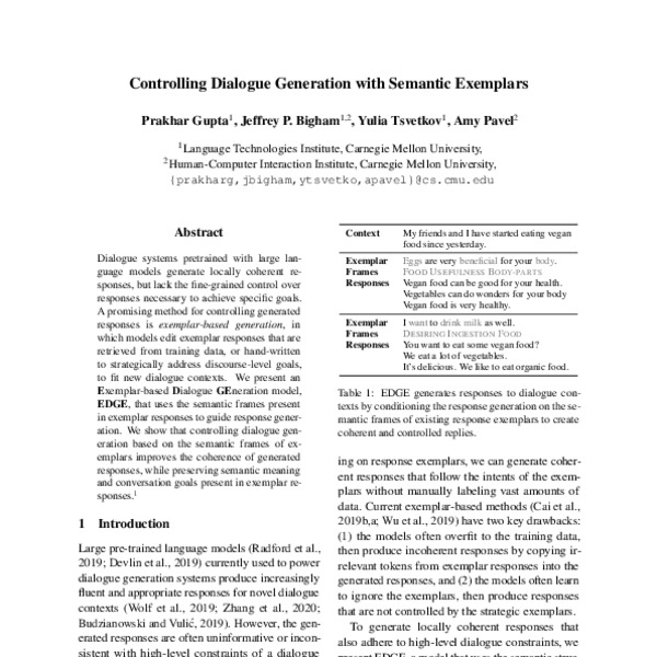 Controlling Dialogue Generation with Semantic Exemplars - ACL Anthology