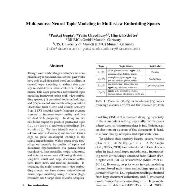 Multisource Neural Topic Modeling in Multiview Embedding Spaces ACL