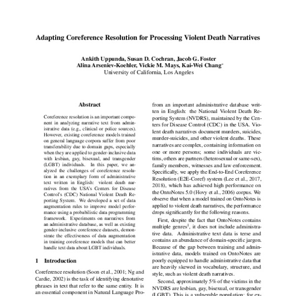 Adapting Coreference Resolution for Processing Violent Death Narratives ...