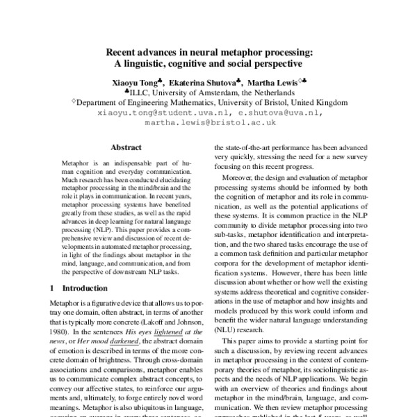 Recent advances in neural metaphor processing A linguistic, cognitive