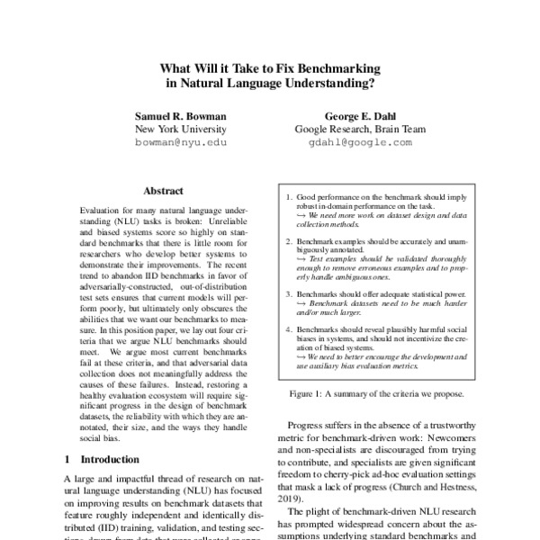 [What Will it Take to Fix Benchmarking in Natural Language Understanding?](https://aclanthology.org/2021.naacl-main.385) (Bowman & Dahl, NAACL 2021)  