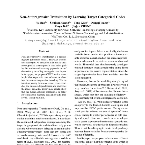 NonAutoregressive Translation by Learning Target Categorical Codes