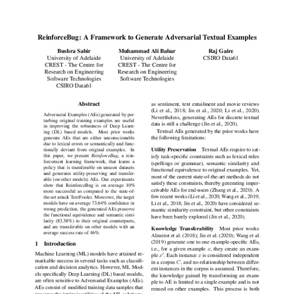 ReinforceBug A Framework to Generate Adversarial Textual Examples