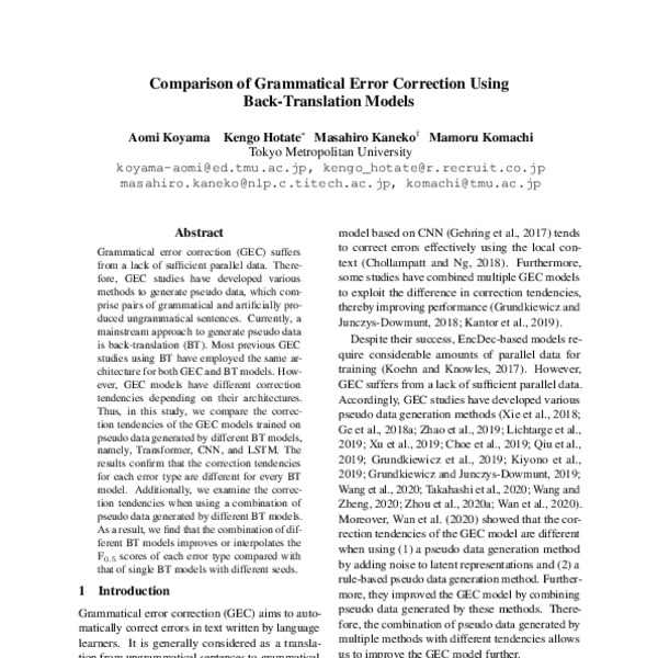 Comparison of Grammatical Error Correction Using Back-Translation ...