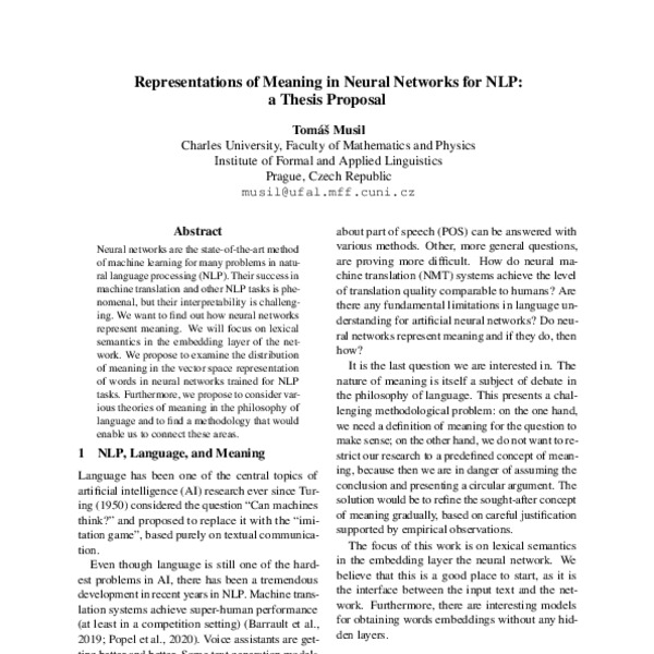 Representations of Meaning in Neural Networks for NLP a Thesis