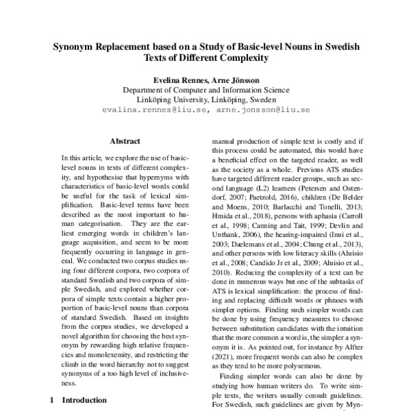 Synonym Replacement based on a Study of Basiclevel Nouns in Swedish