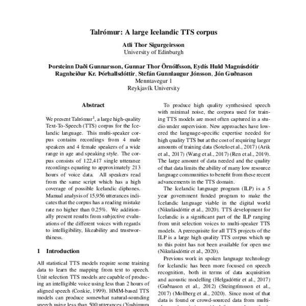 Talrómur: A large Icelandic TTS corpus - ACL Anthology