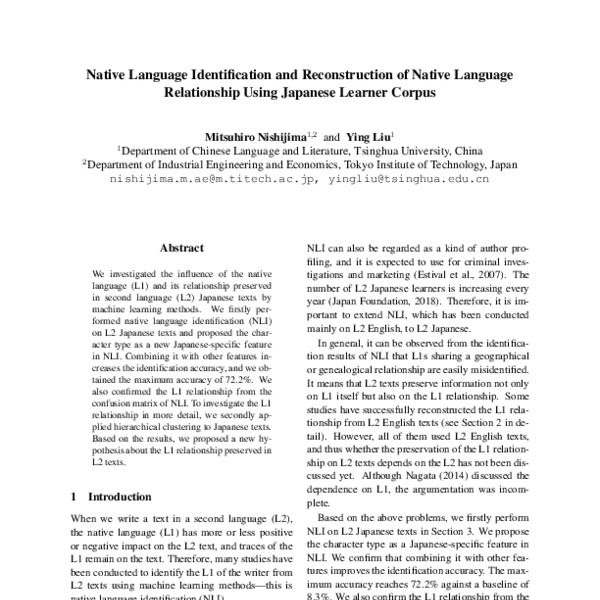 Native Language Identification and Reconstruction of Native Language ...
