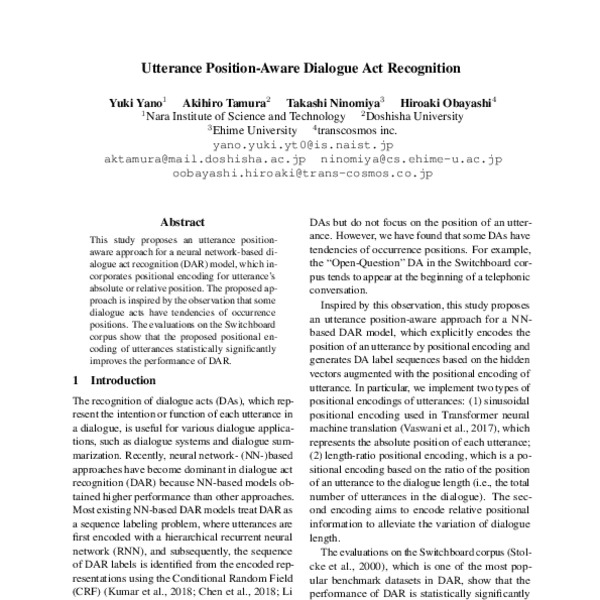 Utterance Position-Aware Dialogue Act Recognition - ACL Anthology