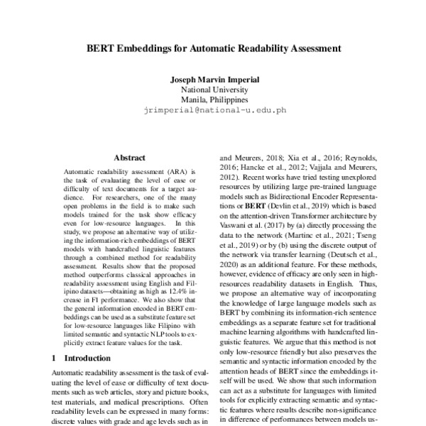 BERT Embeddings for Automatic Readability Assessment - ACL Anthology