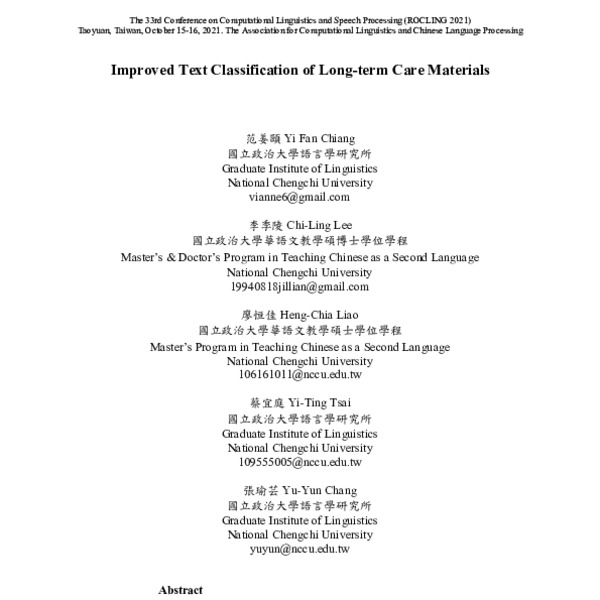 Improved Text Classification of Long-term Care Materials - ACL Anthology