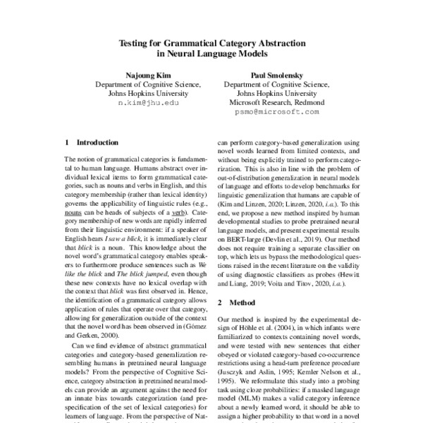Testing for Grammatical Category Abstraction in Neural Language Models ...