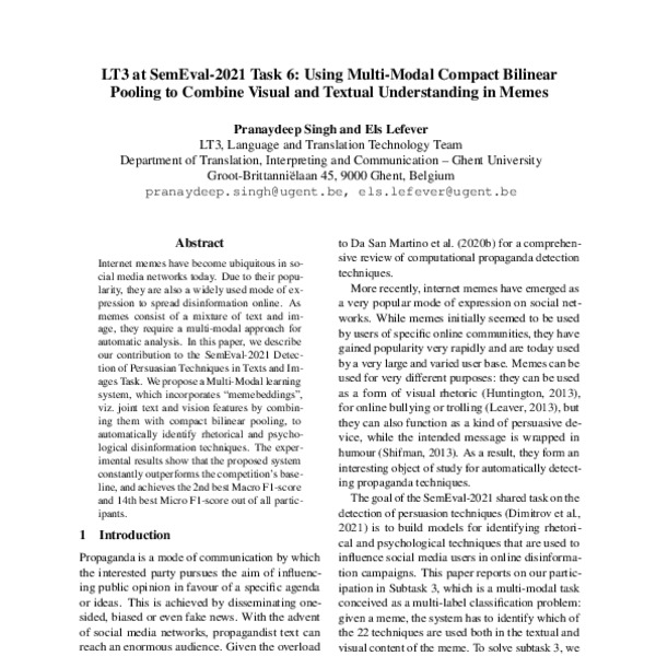 LT3 at SemEval-2021 Task 6: Using Multi-Modal Compact Bilinear Pooling ...