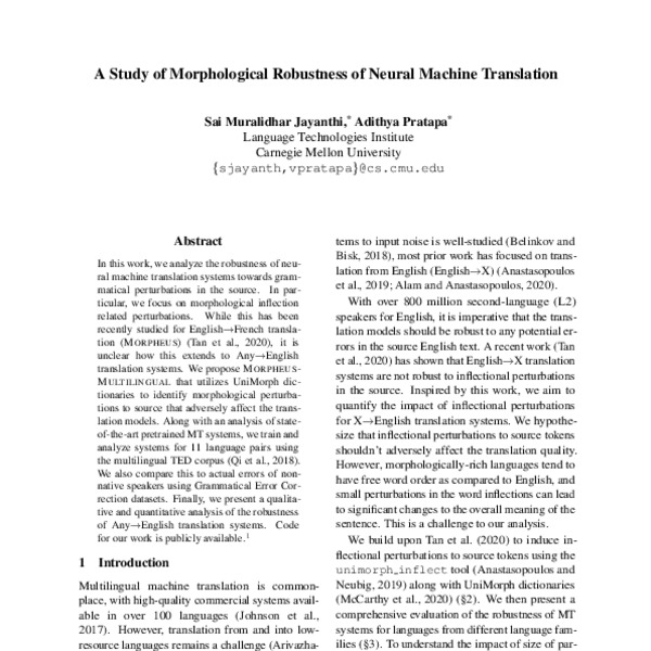 A Study of Morphological Robustness of Neural Machine Translation - ACL ...