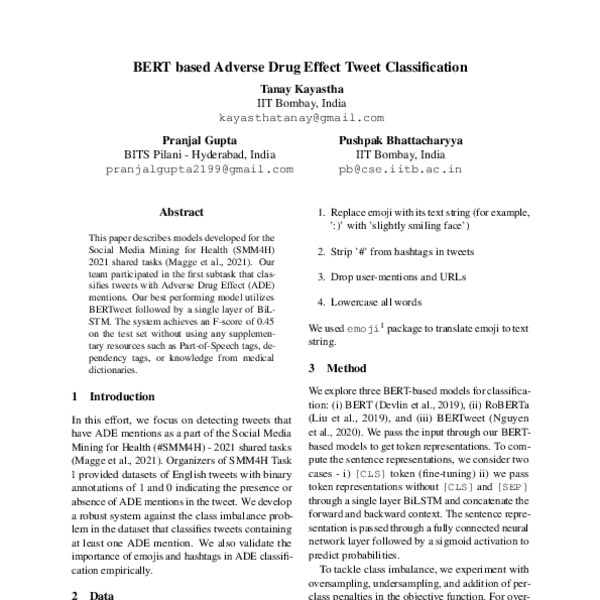 BERT based Adverse Drug Effect Tweet Classification - ACL Anthology