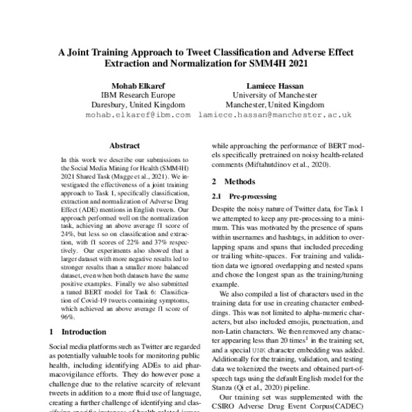 A Joint Training Approach to Tweet Classification and Adverse Effect Extraction and ...