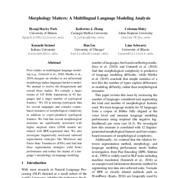 Morphology Matters: A Multilingual Language Modeling Analysis - ACL ...