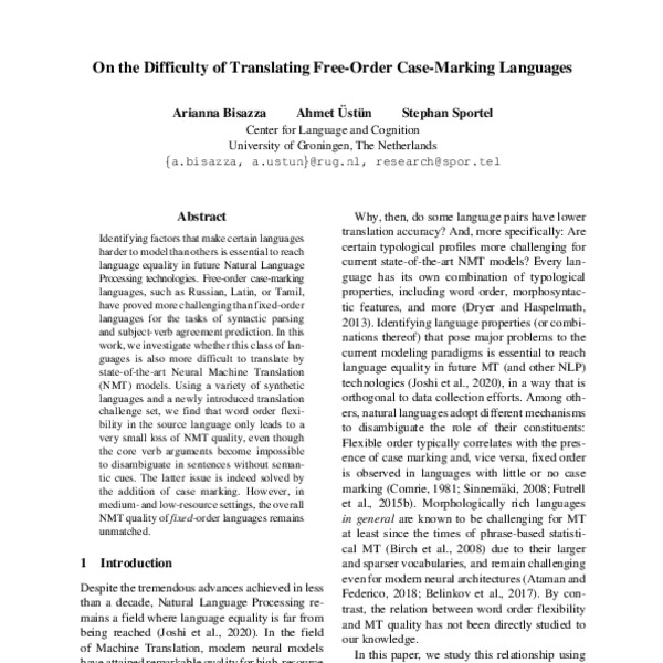 On the Difficulty of Translating FreeOrder CaseMarking Languages