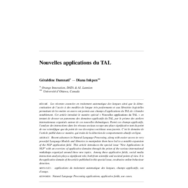 Nouvelles applications du TAL [New applications in NLP] - ACL Anthology