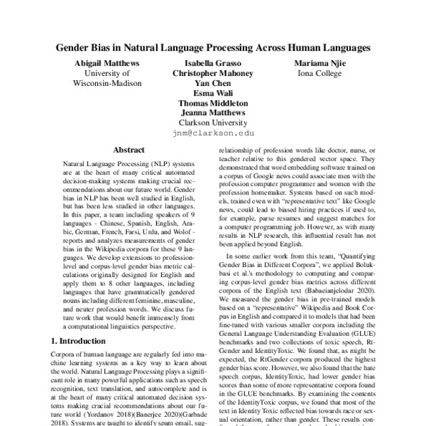 Gender Bias in Natural Language Processing Across Human Languages ACL