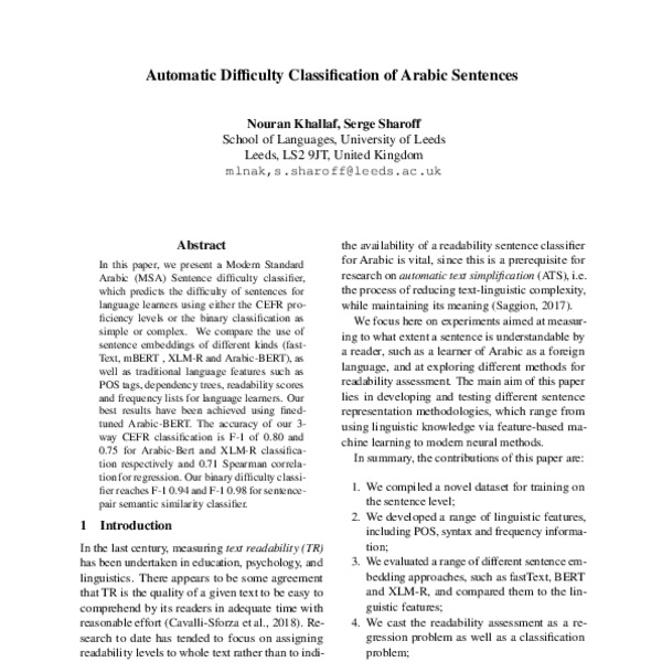 Automatic Difficulty Classification of Arabic Sentences - ACL Anthology